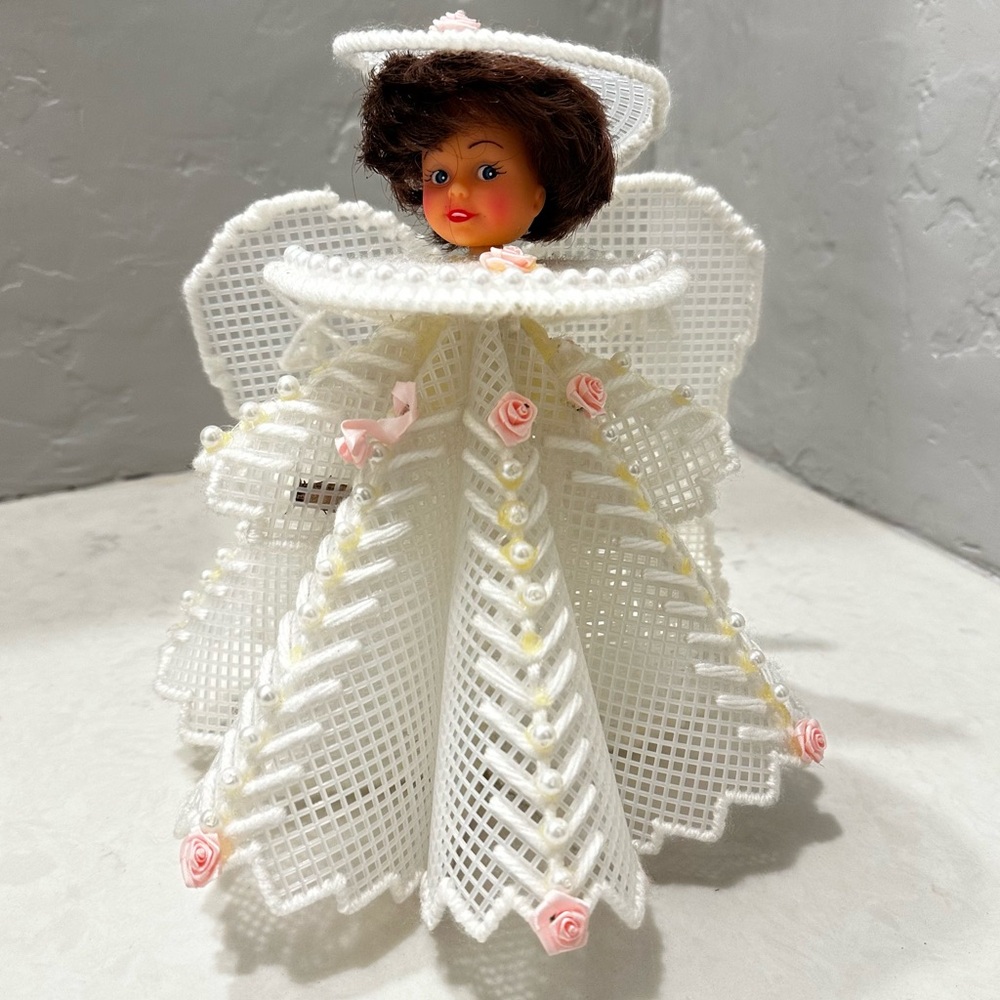 Vintage Handmade Canvas Yarn Angel Christmas Tree Pearl Pink Roses 1970s